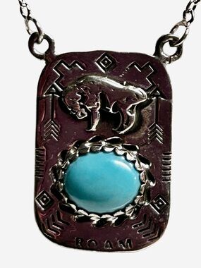 Navajo .925 Sterling Silver W/Turquoise Stone Buffalo Thunder Pendant & Necklace